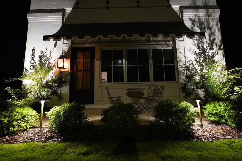 Architectural & Front-of-House Uplighting project — Cottage awning + lush shrub uplights (pro)