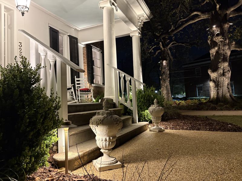 Step, Stair & Hardscape Lighting project — Porch steps with stone urns, columns, path light