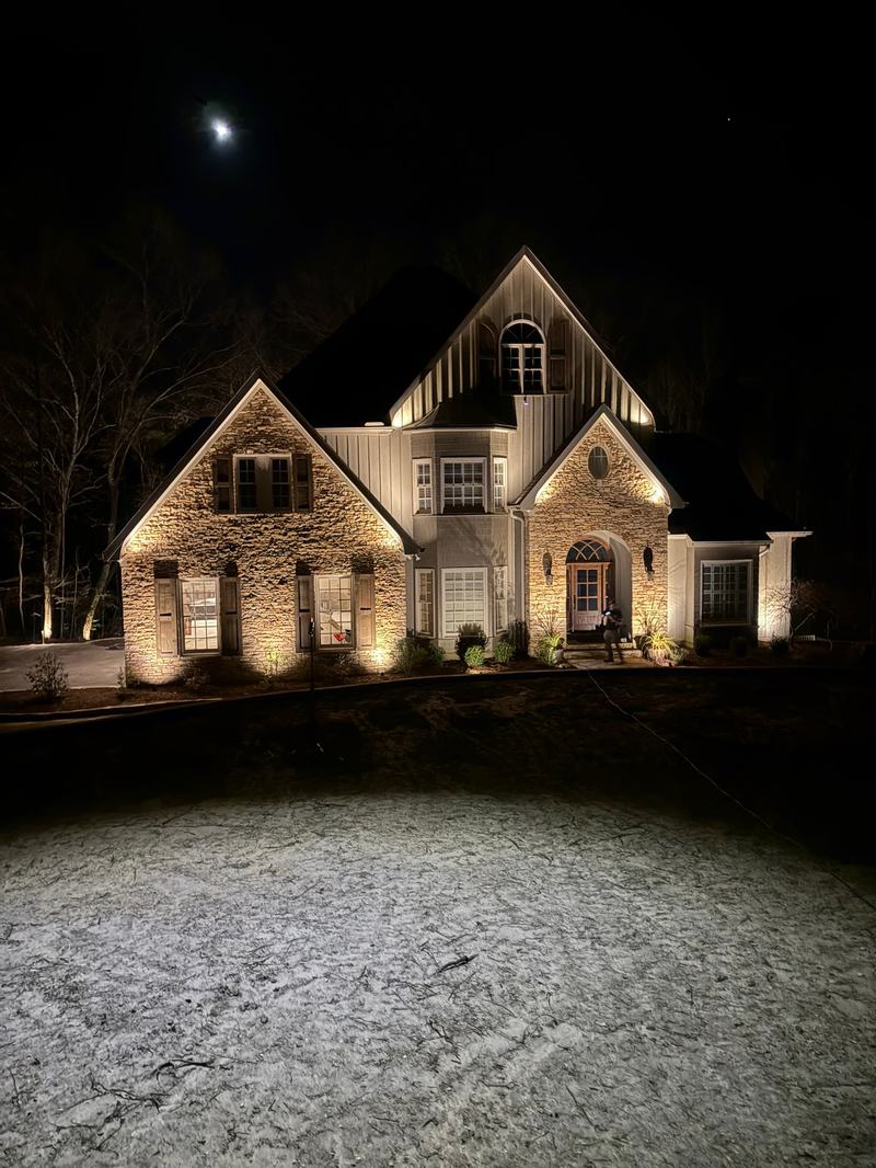 Architectural & Front-of-House Uplighting project — Stone/board-batten full front, moon overhead
