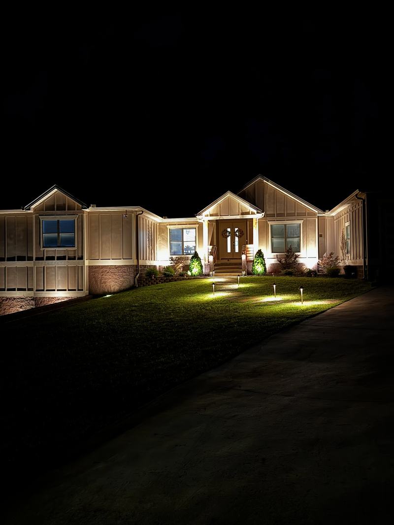 Architectural & Front-of-House Uplighting project — Modern farmhouse full front + path lights
