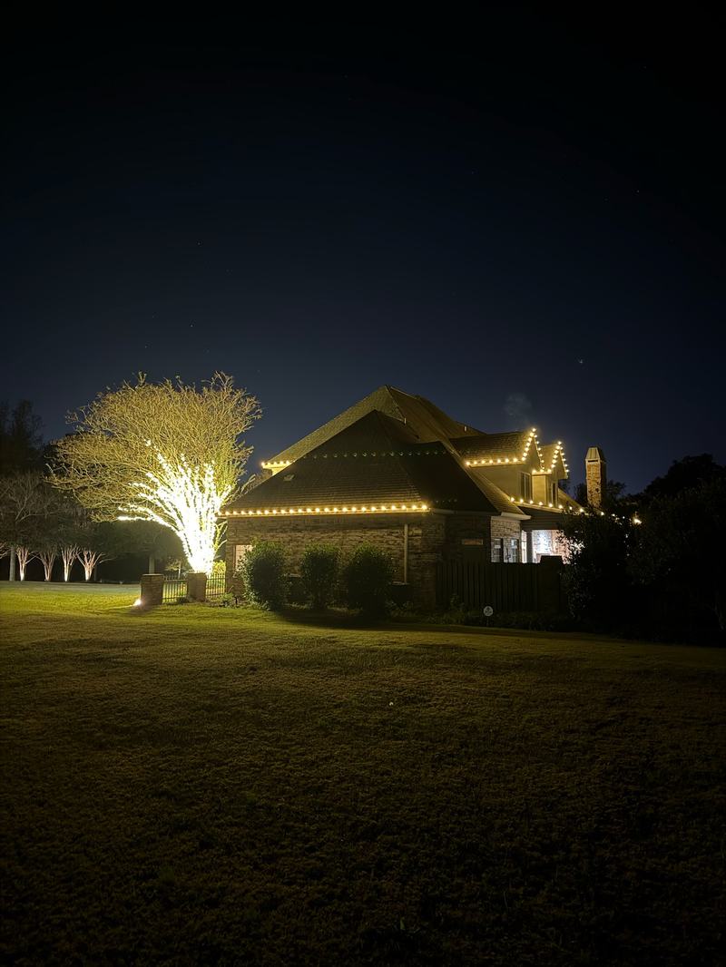Permanent Outdoor Lighting (Color-Changing Trim) project — C9 roofline with golden uplit tree, wide lawn