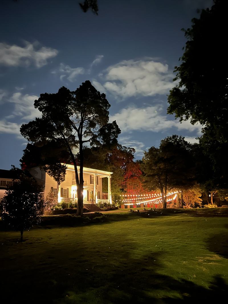 Bistro, String & Event Lighting project — Historic house lawn with strung market lights