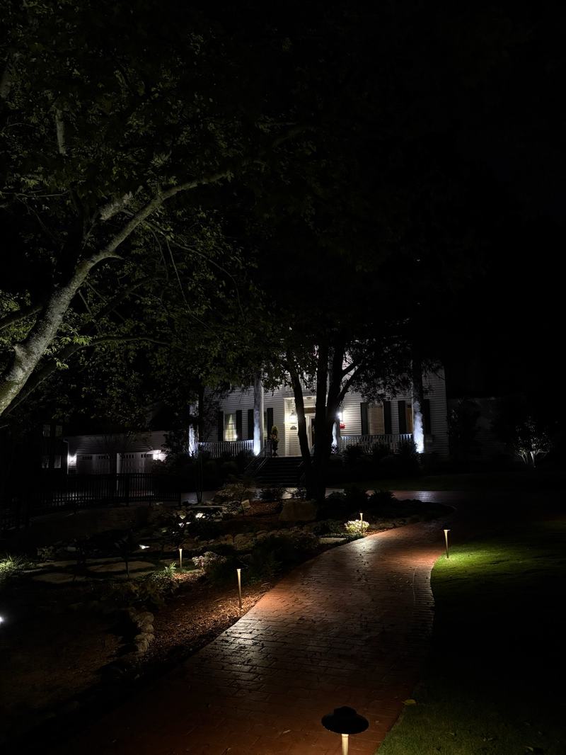 Path & Walkway Lighting project — Brick path with path lights under estate trees