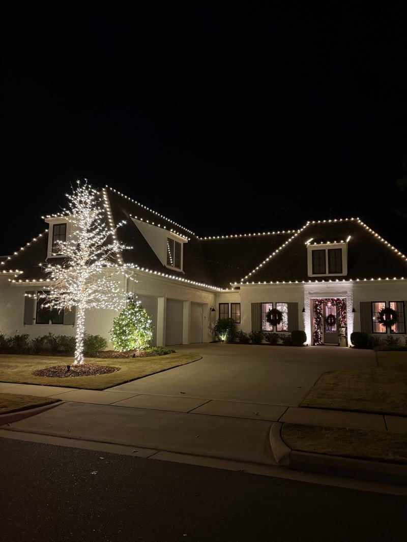 Permanent Outdoor Lighting (Color-Changing Trim) project — White house C9 roofline + white-wrapped front tree