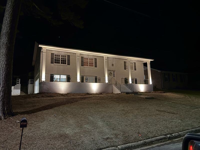 Architectural & Front-of-House Uplighting project — White colonial with porch, even full-front wash
