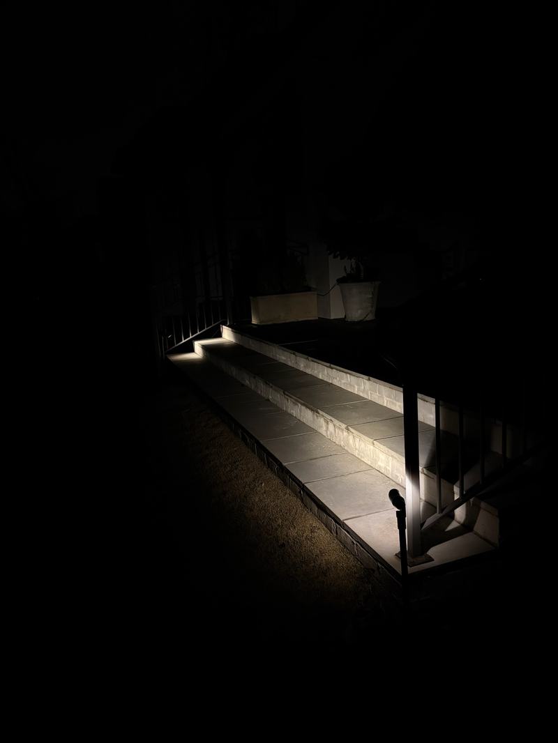 Step, Stair & Hardscape Lighting project — Front concrete steps grazed by downlight