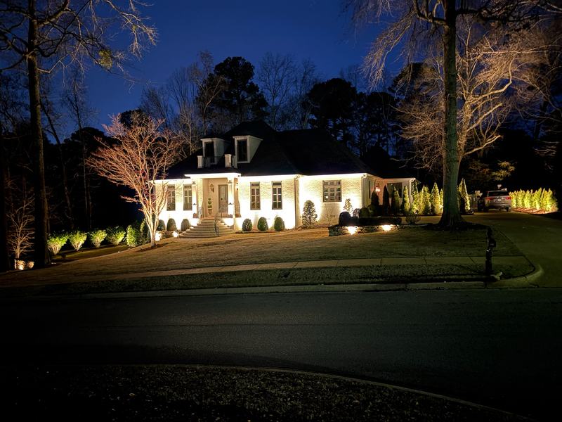 Architectural & Front-of-House Uplighting project — Cottage with layered bed + facade lighting