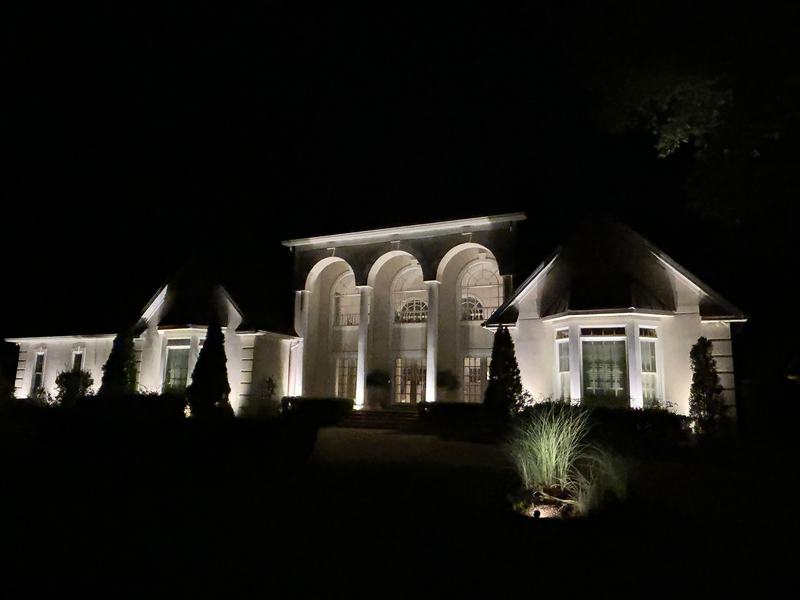 Architectural & Front-of-House Uplighting project — Same estate, dramatic wide angle