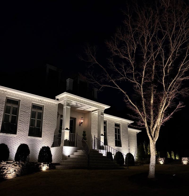 Step, Stair & Hardscape Lighting project — Curved front staircase + railing, white brick, uplit tree