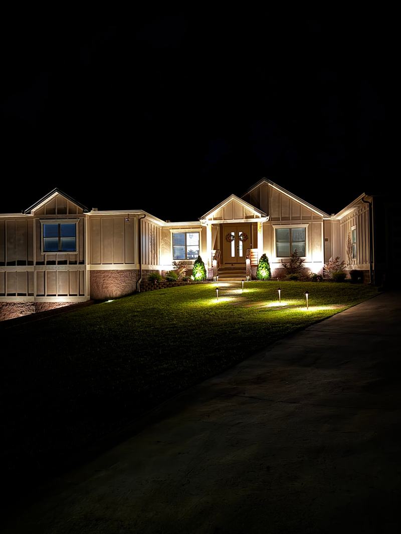 Modern farmhouse, full lighting scheme with lawn